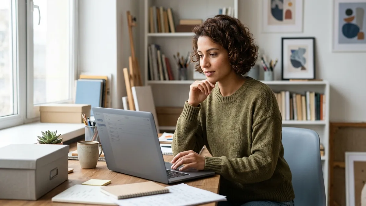Independent adult creator reviewing sponsorship emails and direct-message inquiries on a laptop at a bright home-studio desk