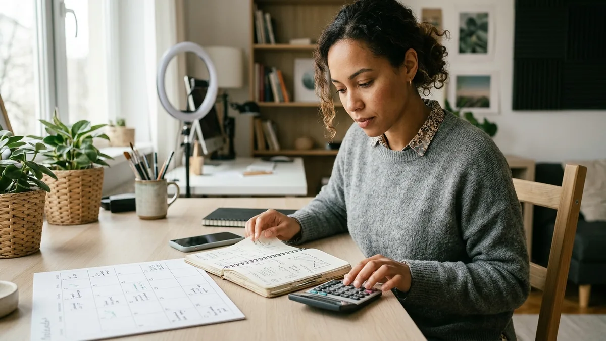 Independent adult creator planning sponsorship rates with a calculator, notebook, and a clean desk calendar