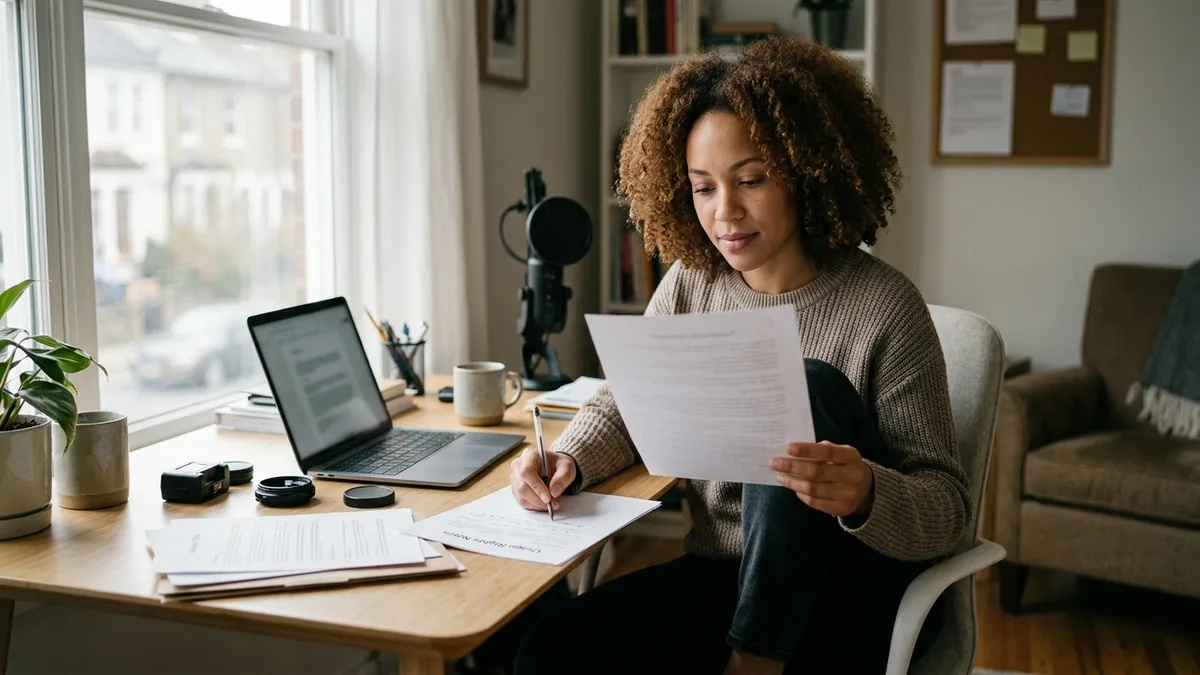 Independent adult creator reviewing a collaboration agreement and usage-rights notes at an organized desk