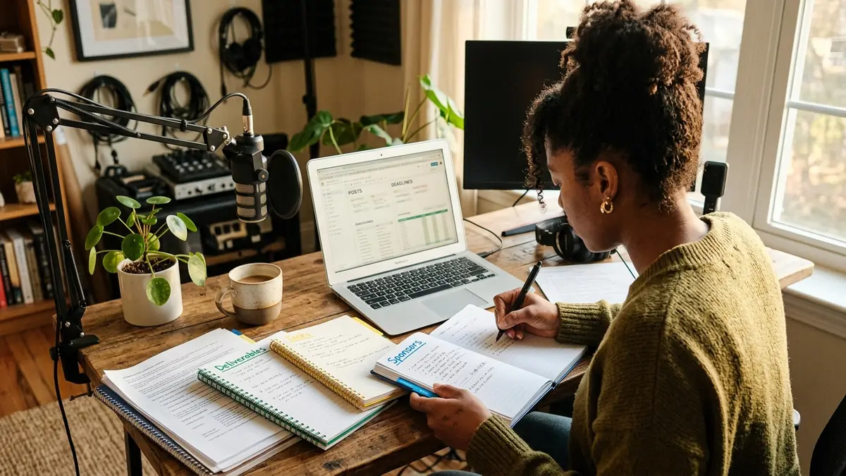 Independent adult creator organizing sponsorship deliverables and follow-up tasks with color-coded notebooks and a laptop