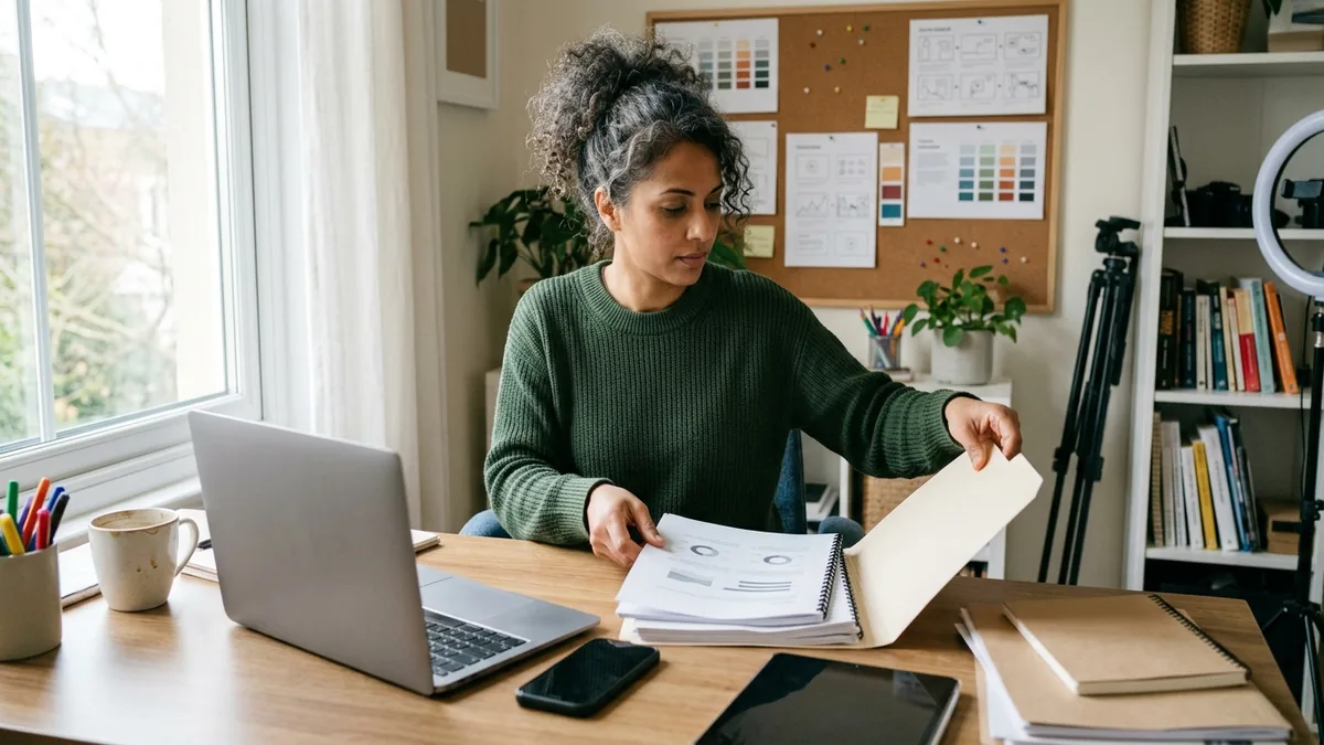 Independent adult creator preparing a professional brand-pitch package in a small, well-lit creator workspace