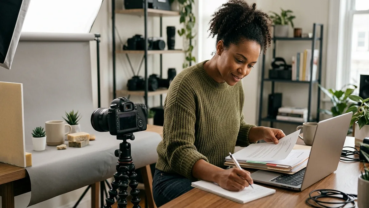 Independent adult creator curating a creator media kit beside a camera and sample product photography setup
