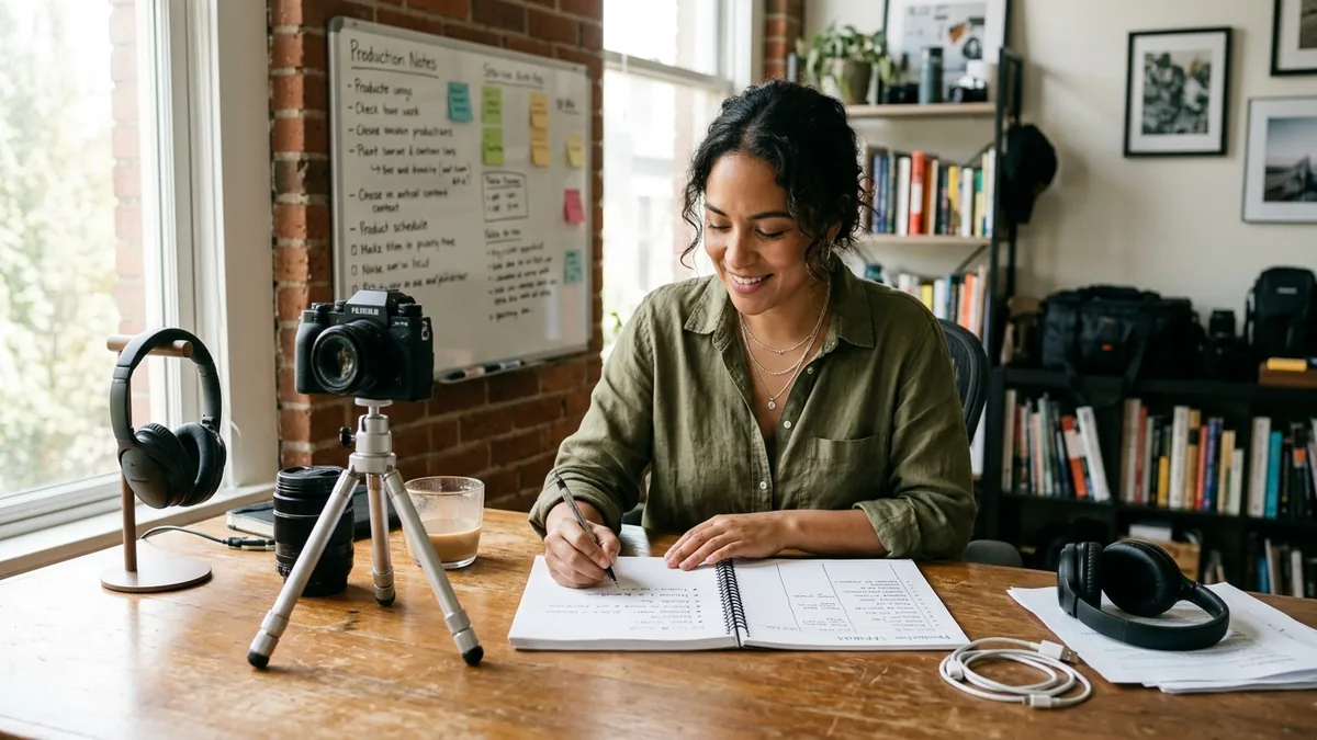 Independent adult creator planning a home-studio production schedule with a camera, tripod, and handwritten checklist