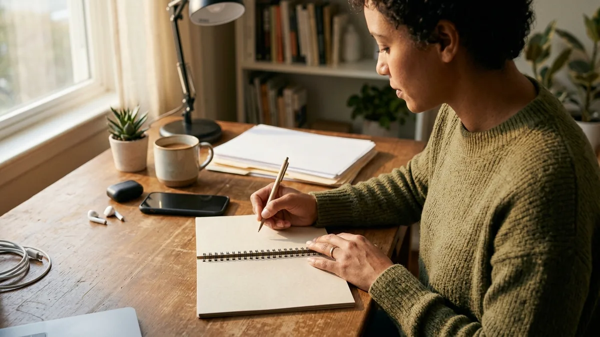 Independent adult creator preparing for a brand-deal negotiation with a notebook, phone, and unbranded workspace