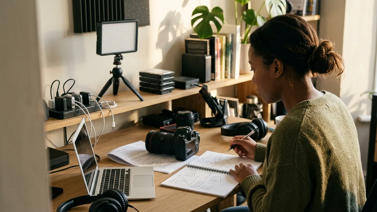 Independent adult creator reviewing a campaign brief with a camera, notebook, and neutral production equipment nearby