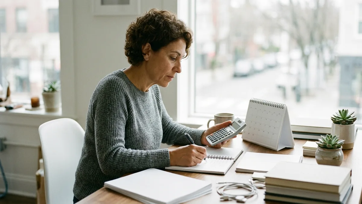 Independent adult creator planning sponsorship rates with a calculator, notebook, and a clean desk calendar
