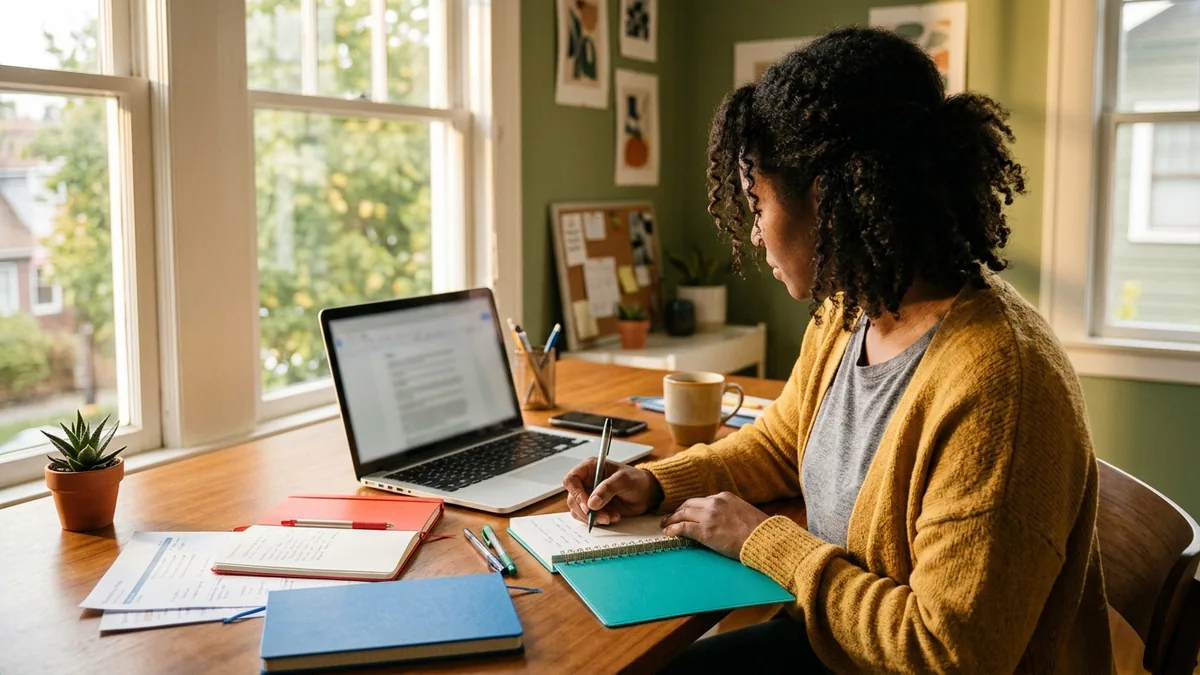 Independent adult creator organizing sponsorship deliverables and follow-up tasks with color-coded notebooks and a laptop