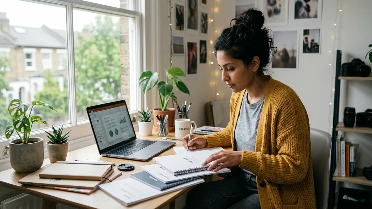 Independent adult creator preparing a professional brand-pitch package in a small, well-lit creator workspace