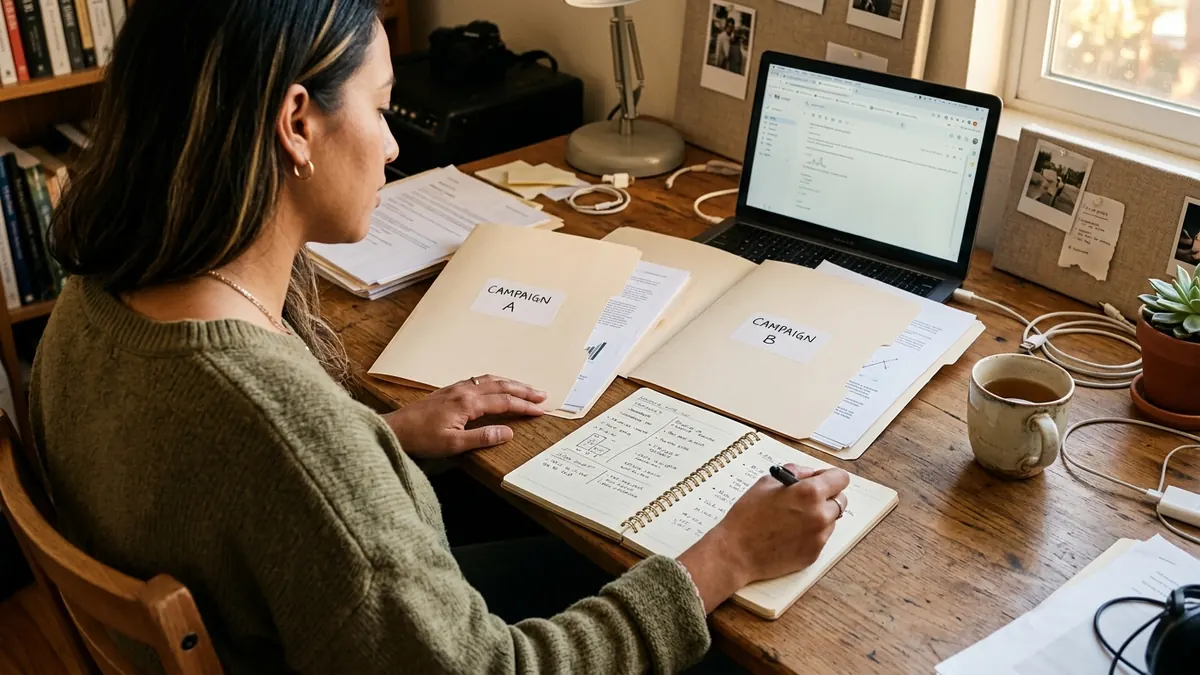 Independent adult creator comparing two sponsorship opportunities with two neutral folders and a notebook on a worktable