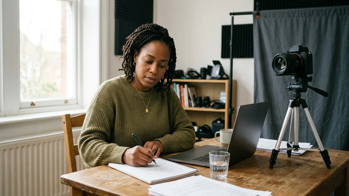 Independent adult creator planning a home-studio production schedule with a camera, tripod, and handwritten checklist