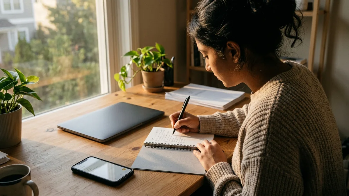 Independent adult creator preparing for a brand-deal negotiation with a notebook, phone, and unbranded workspace