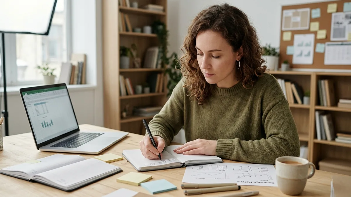 Independent adult creator tracking campaign milestones at a calm desk with neutral planning materials