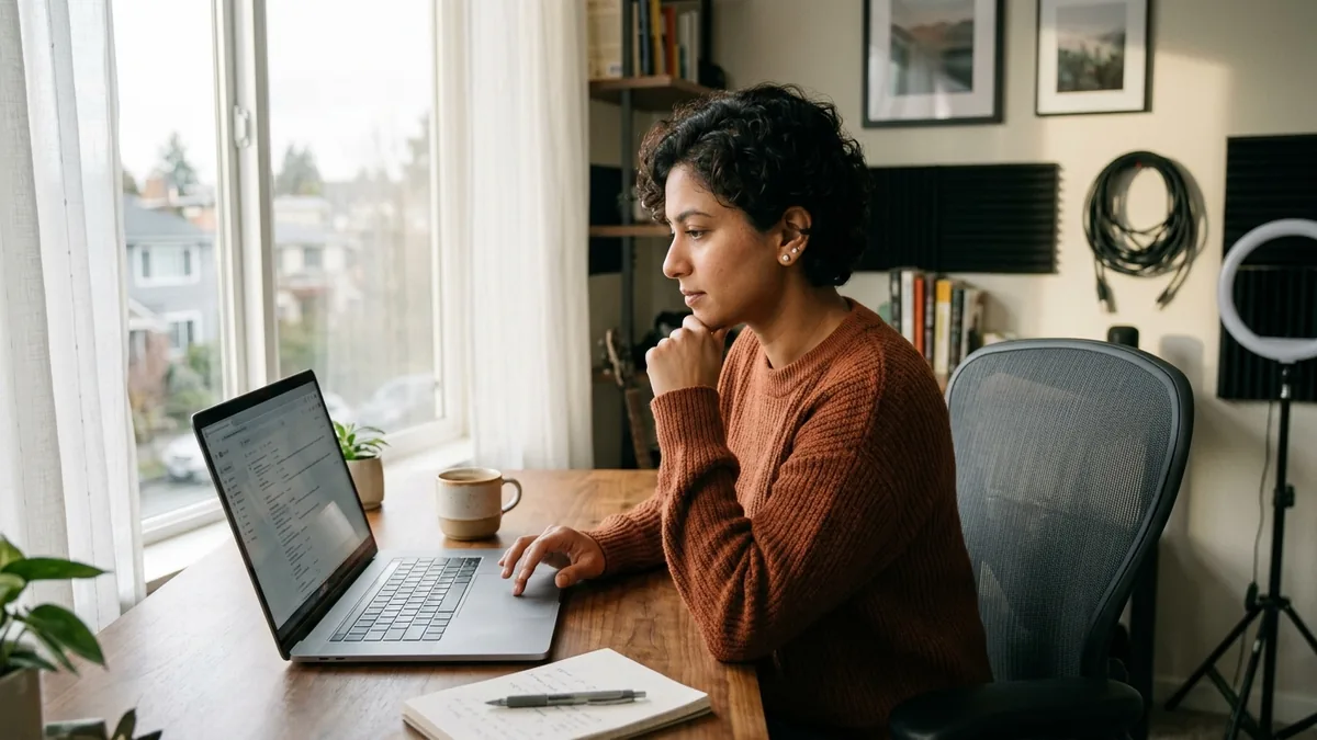 Independent adult creator reviewing sponsorship emails and direct-message inquiries on a laptop at a bright home-studio desk