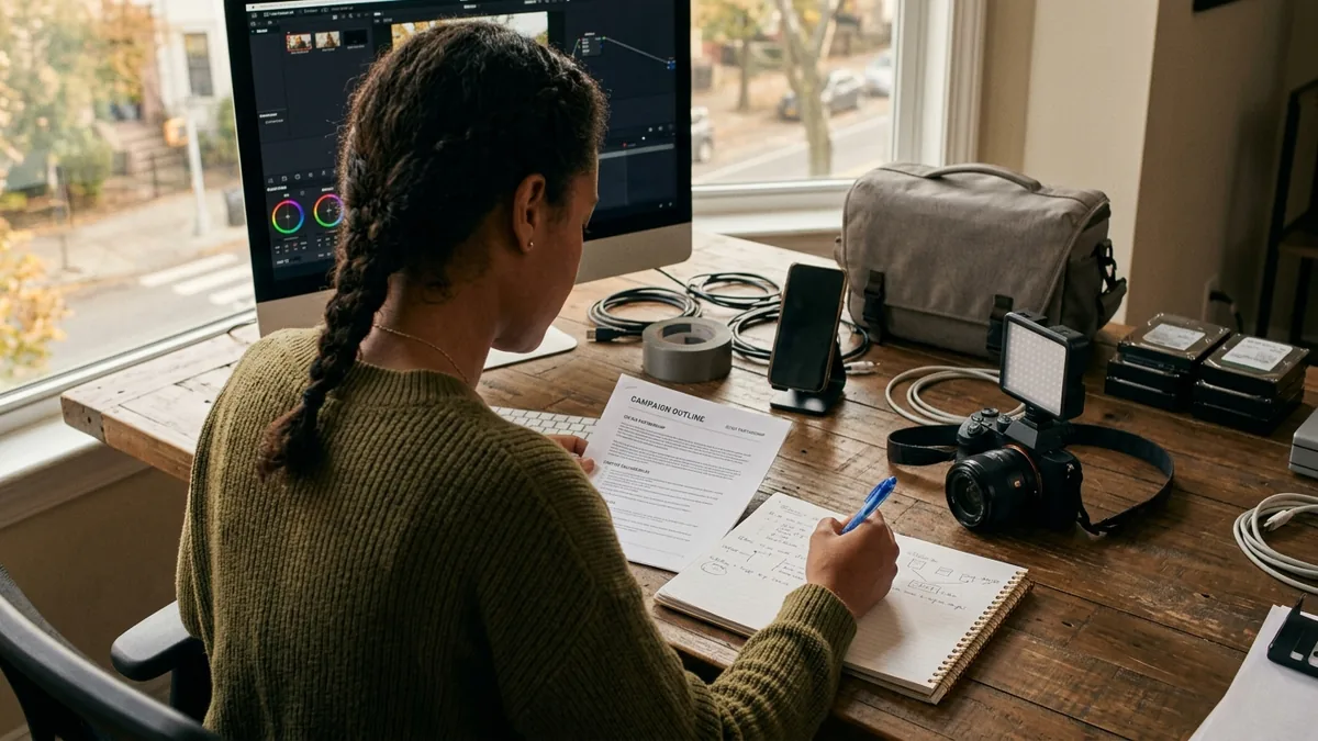 Independent adult creator reviewing a campaign brief with a camera, notebook, and neutral production equipment nearby