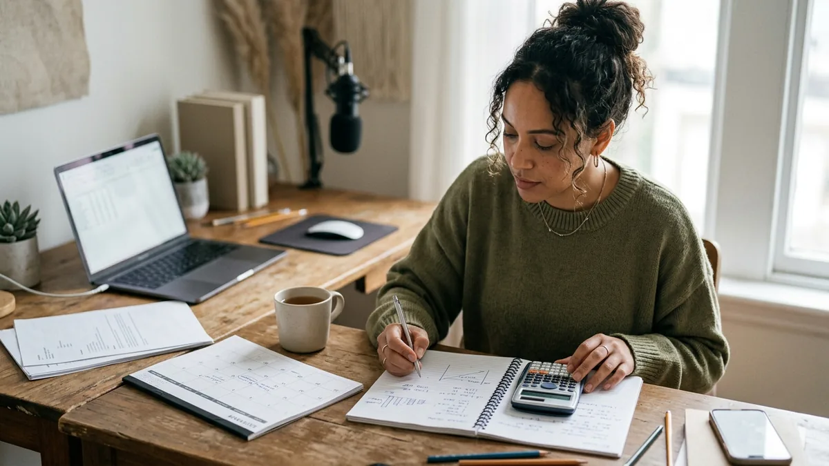 Independent adult creator planning sponsorship rates with a calculator, notebook, and a clean desk calendar