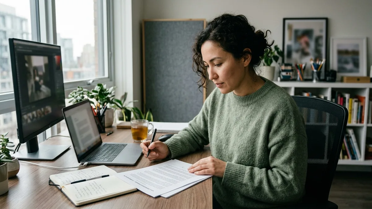 Independent creator reviewing brand collaboration terms and response notes at a home studio desk