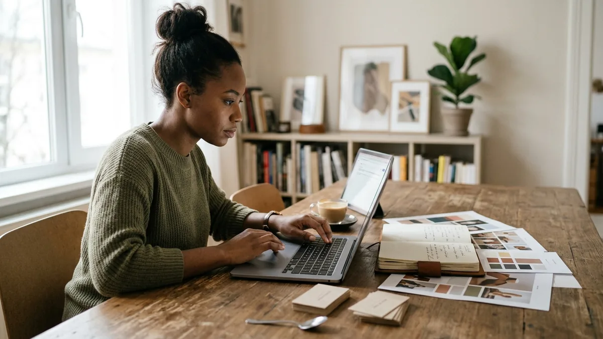 Independent adult creator researching a potential brand partnership with a laptop and carefully arranged creator portfolio materials