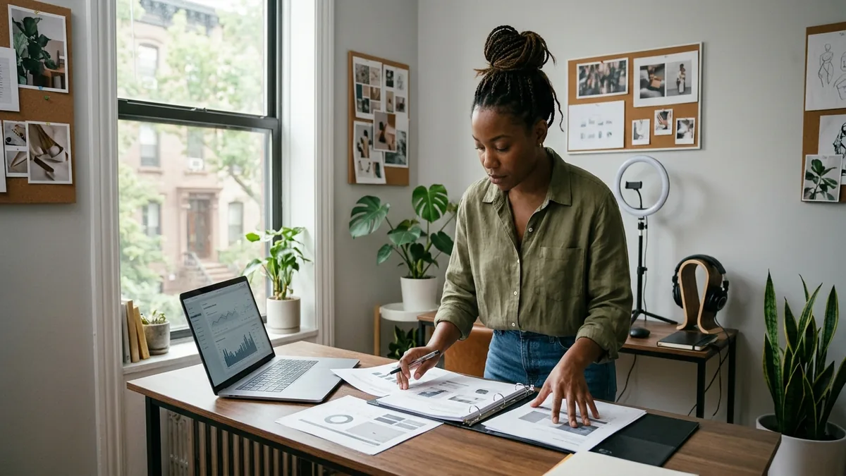 Independent adult creator preparing a professional brand-pitch package in a small, well-lit creator workspace