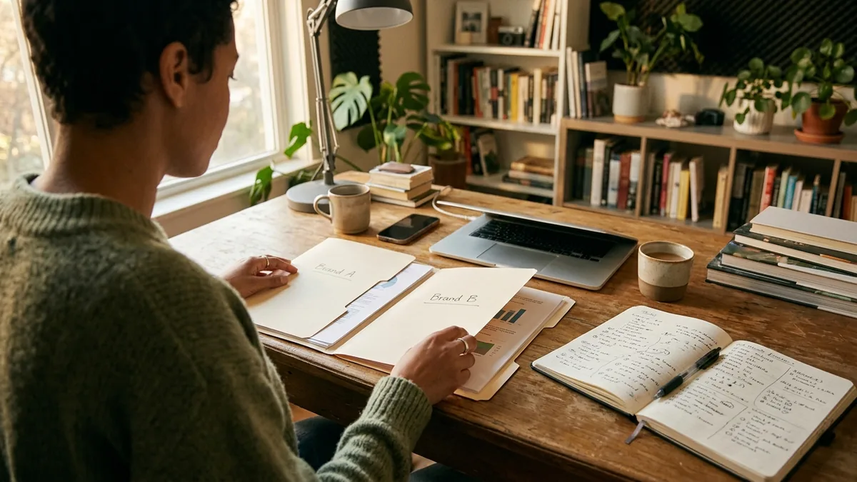 Independent adult creator comparing two sponsorship opportunities with two neutral folders and a notebook on a worktable