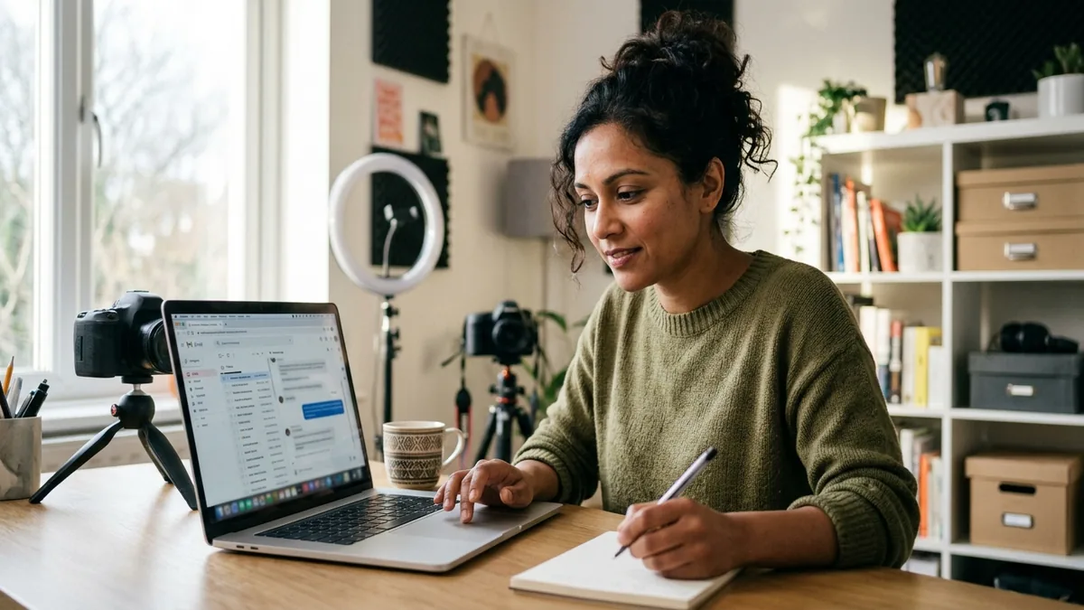 Independent adult creator reviewing sponsorship emails and direct-message inquiries on a laptop at a bright home-studio desk