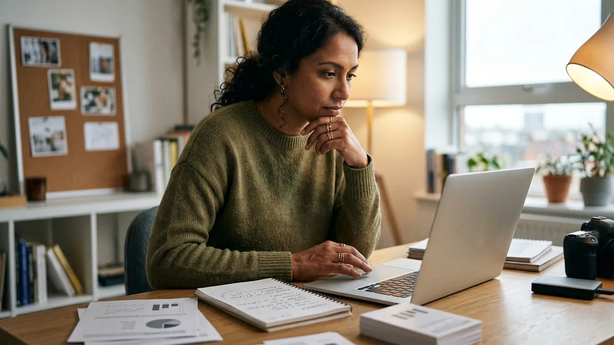 Independent adult creator researching a potential brand partnership with a laptop and carefully arranged creator portfolio materials