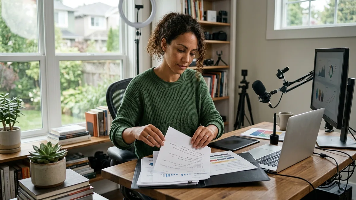 Independent adult creator preparing a professional brand-pitch package in a small, well-lit creator workspace