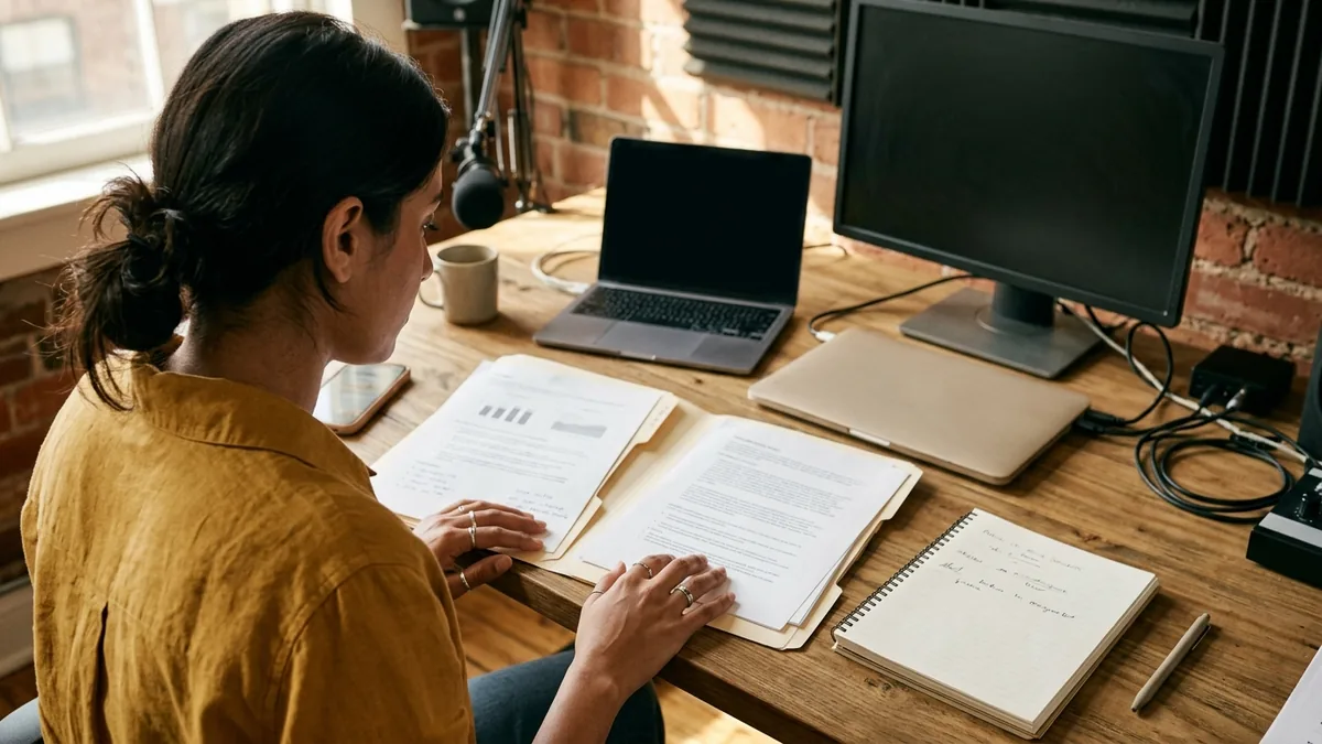 Independent adult creator comparing two sponsorship opportunities with two neutral folders and a notebook on a worktable