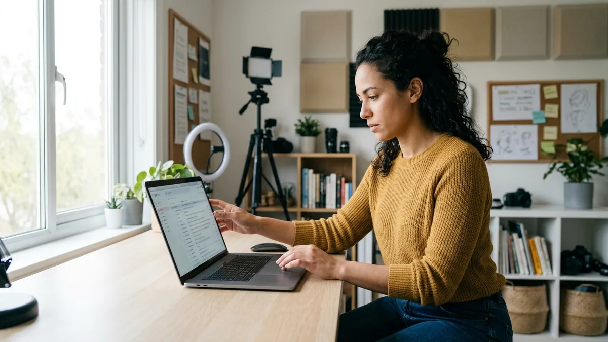 Independent adult creator reviewing sponsorship emails and direct-message inquiries on a laptop at a bright home-studio desk