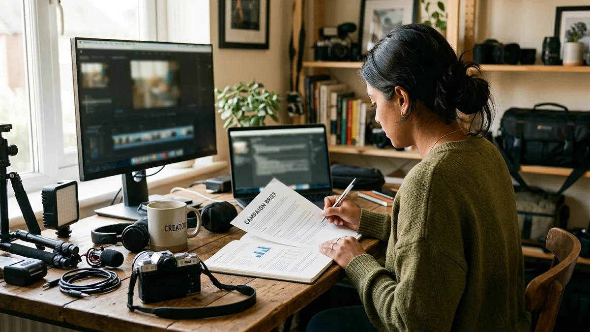 Independent adult creator reviewing a campaign brief with a camera, notebook, and neutral production equipment nearby