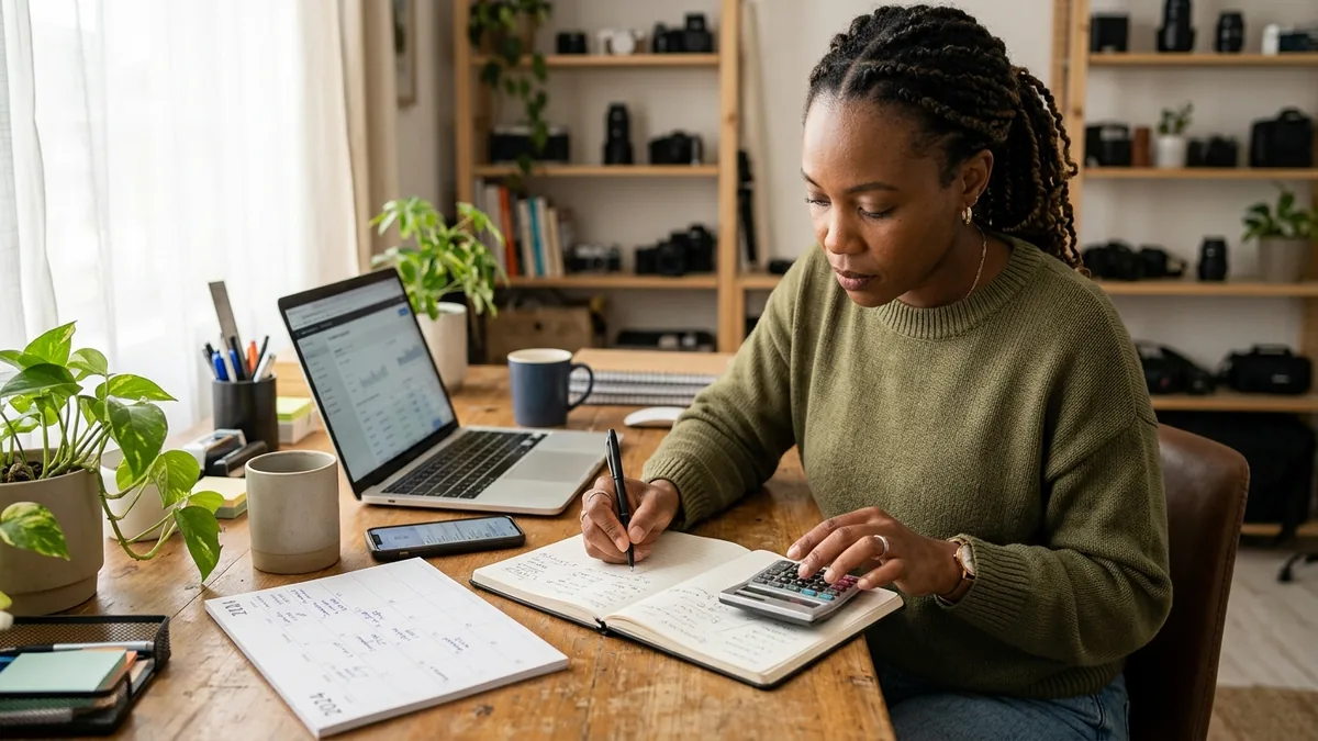 Independent adult creator planning sponsorship rates with a calculator, notebook, and a clean desk calendar