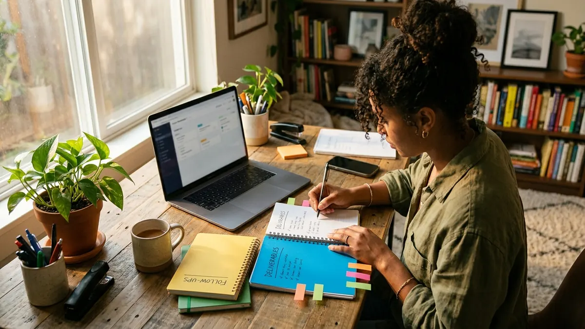 Independent adult creator organizing sponsorship deliverables and follow-up tasks with color-coded notebooks and a laptop
