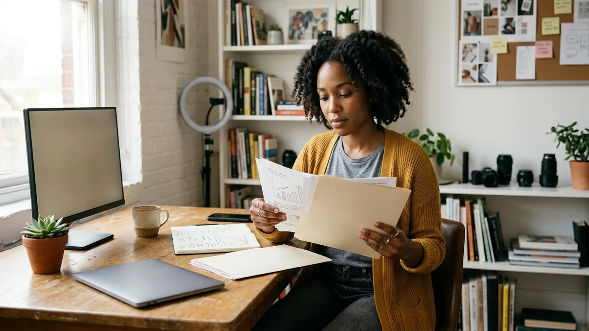 Independent adult creator preparing a professional brand-pitch package in a small, well-lit creator workspace