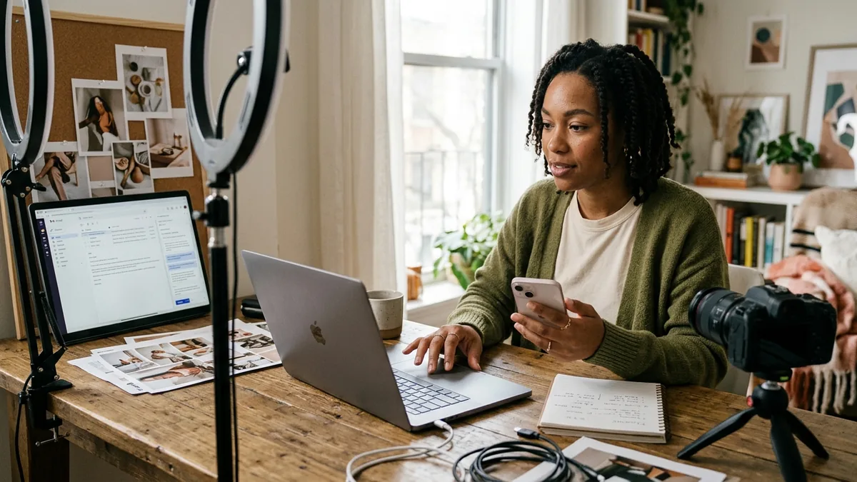 Independent creator working through ai follow-up emails for brand pitches