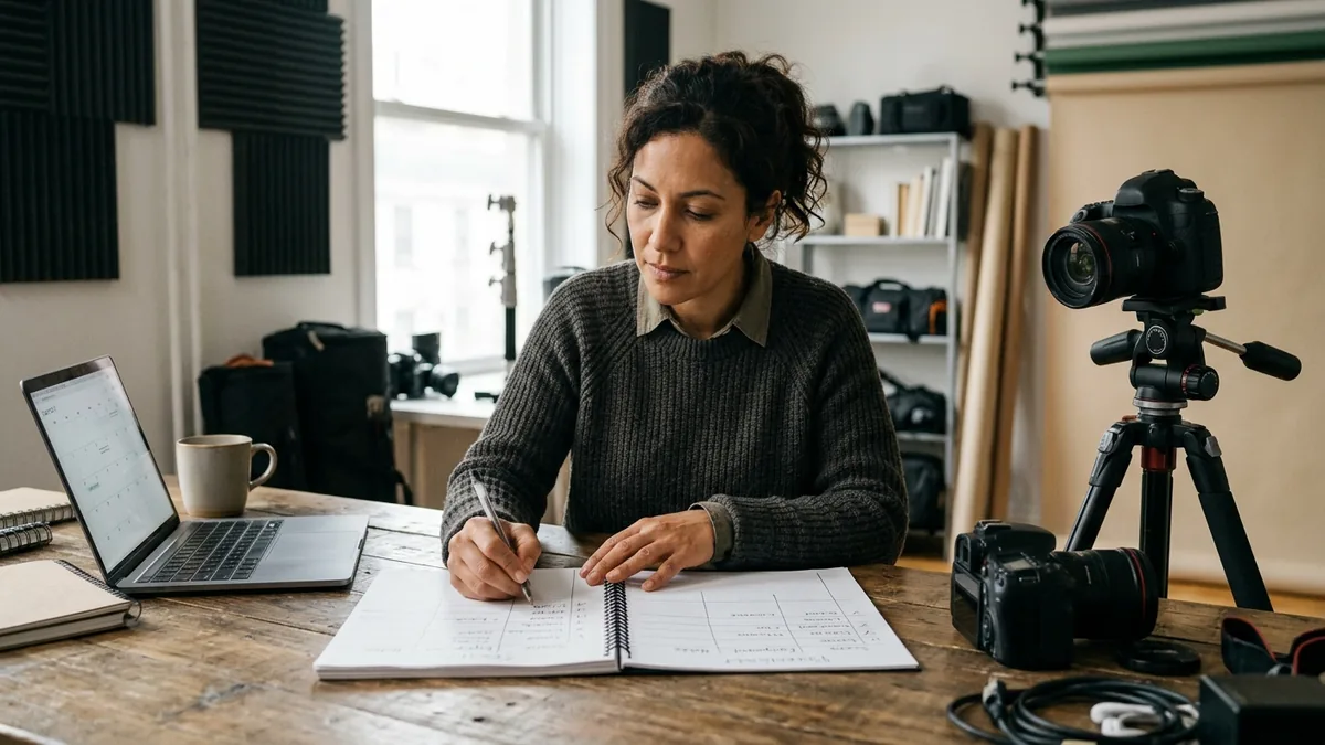 Independent adult creator planning a home-studio production schedule with a camera, tripod, and handwritten checklist