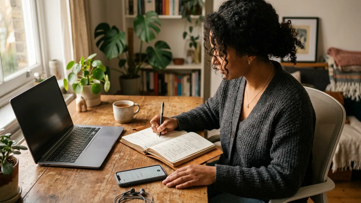 Independent adult creator preparing for a brand-deal negotiation with a notebook, phone, and unbranded workspace