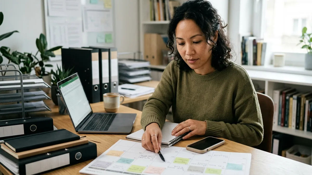 Independent adult creator tracking campaign milestones at a calm desk with neutral planning materials