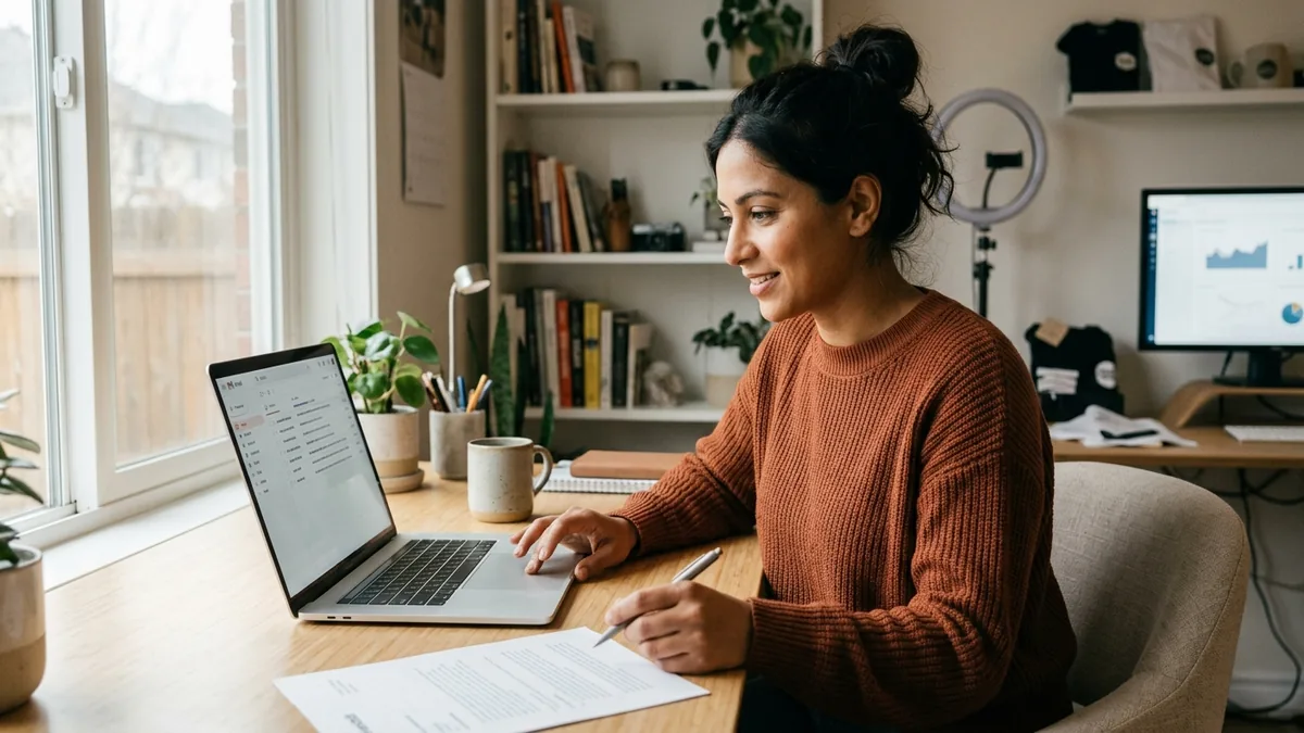 Independent adult creator reviewing sponsorship emails and direct-message inquiries on a laptop at a bright home-studio desk
