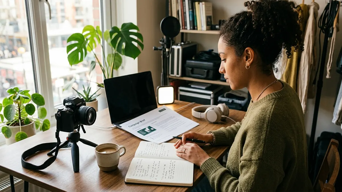 Independent adult creator reviewing a campaign brief with a camera, notebook, and neutral production equipment nearby
