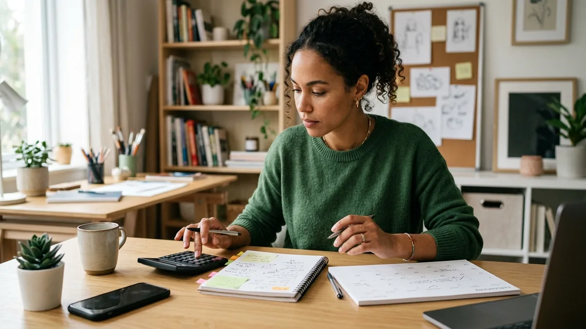 Independent adult creator planning sponsorship rates with a calculator, notebook, and a clean desk calendar