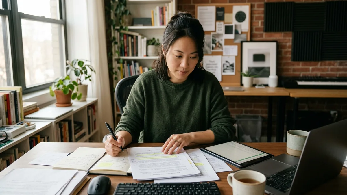 Independent adult creator reviewing a collaboration agreement and usage-rights notes at an organized desk