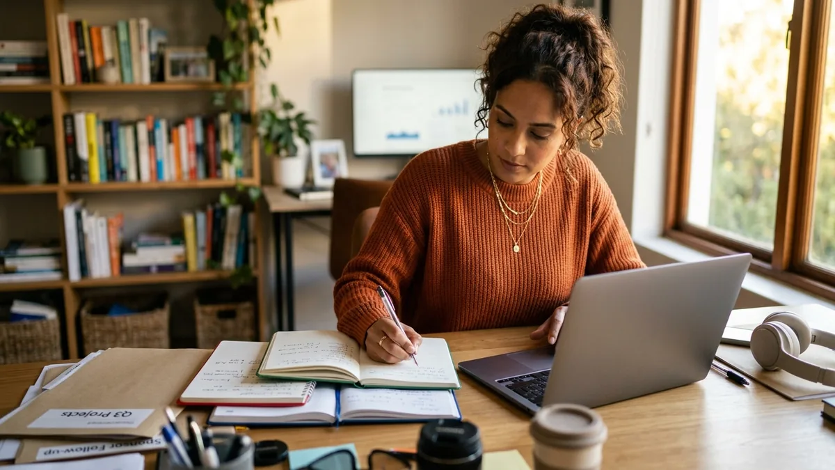 Independent adult creator organizing sponsorship deliverables and follow-up tasks with color-coded notebooks and a laptop