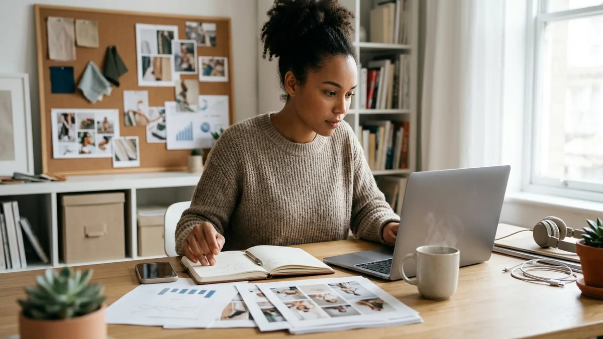 Independent adult creator researching a potential brand partnership with a laptop and carefully arranged creator portfolio materials