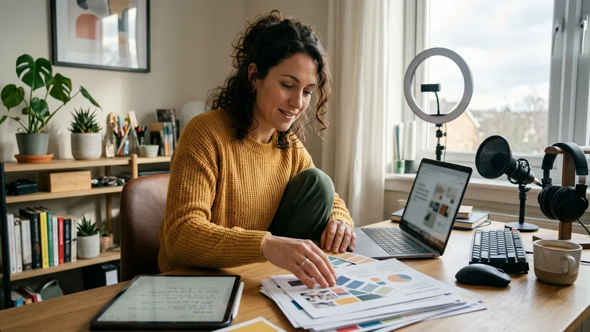 Independent adult creator preparing a professional brand-pitch package in a small, well-lit creator workspace