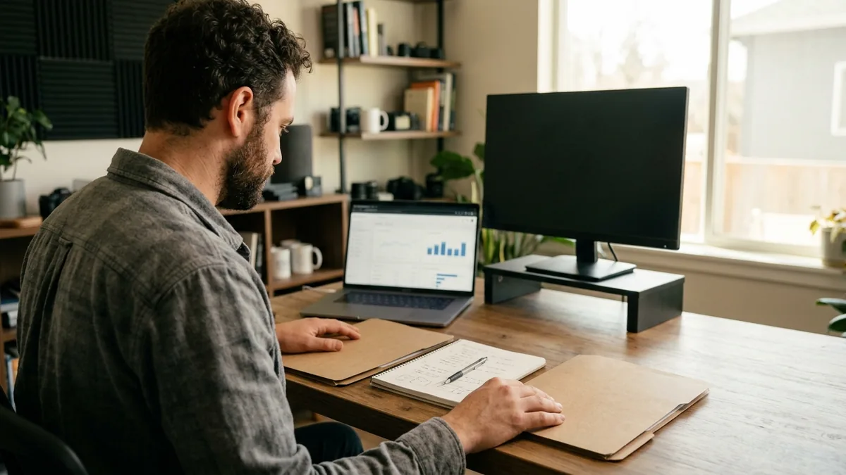 Independent adult creator comparing two sponsorship opportunities with two neutral folders and a notebook on a worktable