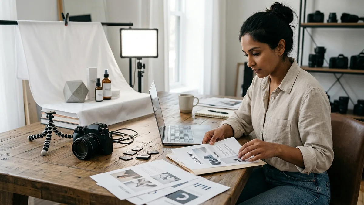 Independent adult creator curating a creator media kit beside a camera and sample product photography setup