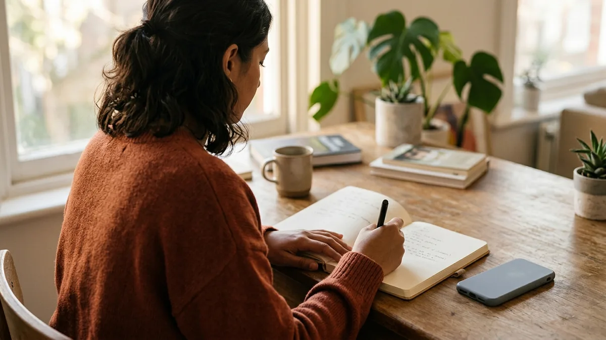 Independent adult creator preparing for a brand-deal negotiation with a notebook, phone, and unbranded workspace