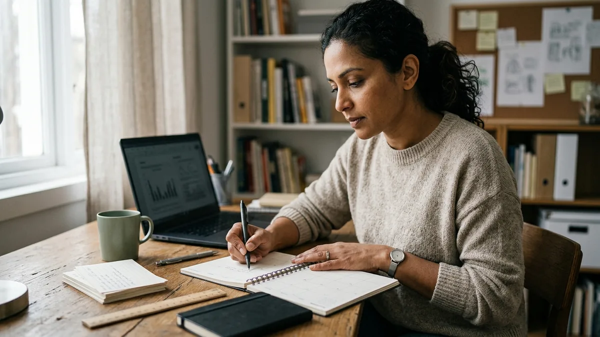 Independent adult creator tracking campaign milestones at a calm desk with neutral planning materials