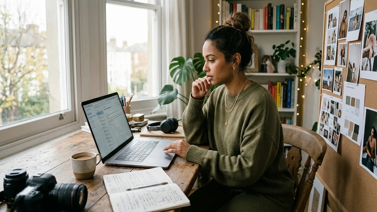 Independent adult creator reviewing sponsorship emails and direct-message inquiries on a laptop at a bright home-studio desk