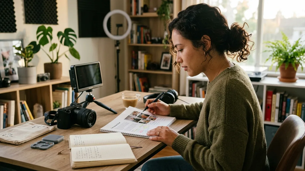Independent adult creator reviewing a campaign brief with a camera, notebook, and neutral production equipment nearby