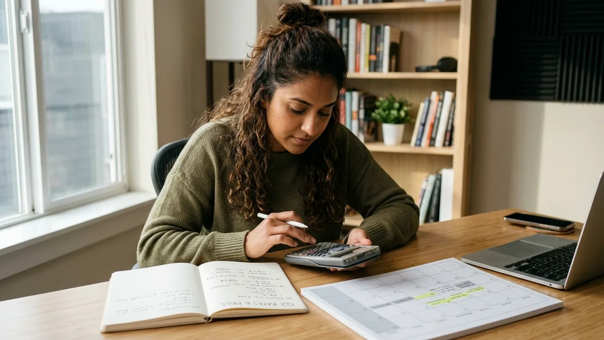 Independent adult creator planning sponsorship rates with a calculator, notebook, and a clean desk calendar